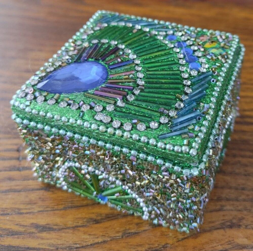 Peacock Feather Trinket Box Beaded Embellished Iridescent Blue Green MCM Vintage